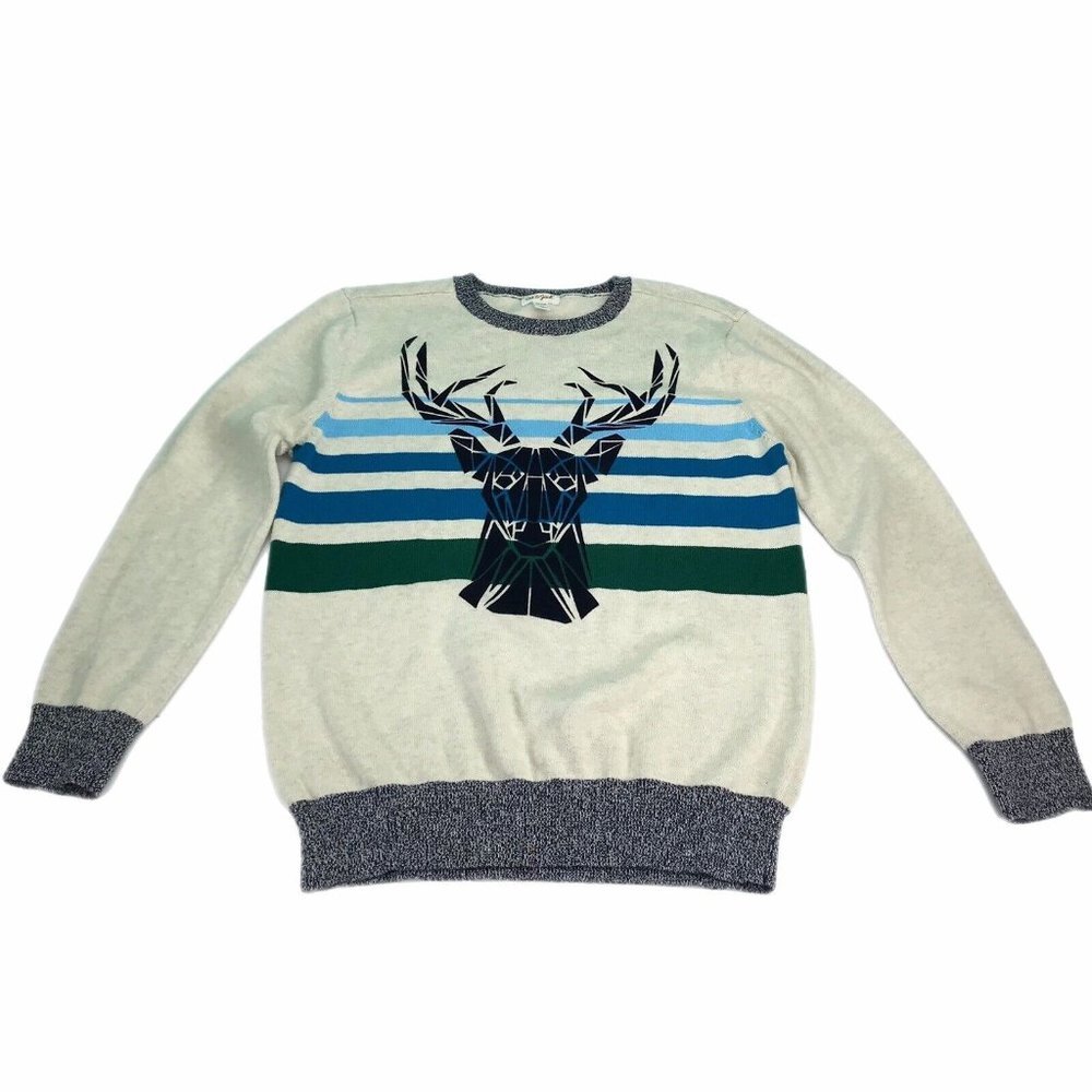 Cat & Jack Sweater Boys Size XL 16 Deer Buck Blue Beige Long Sleeve Preppy